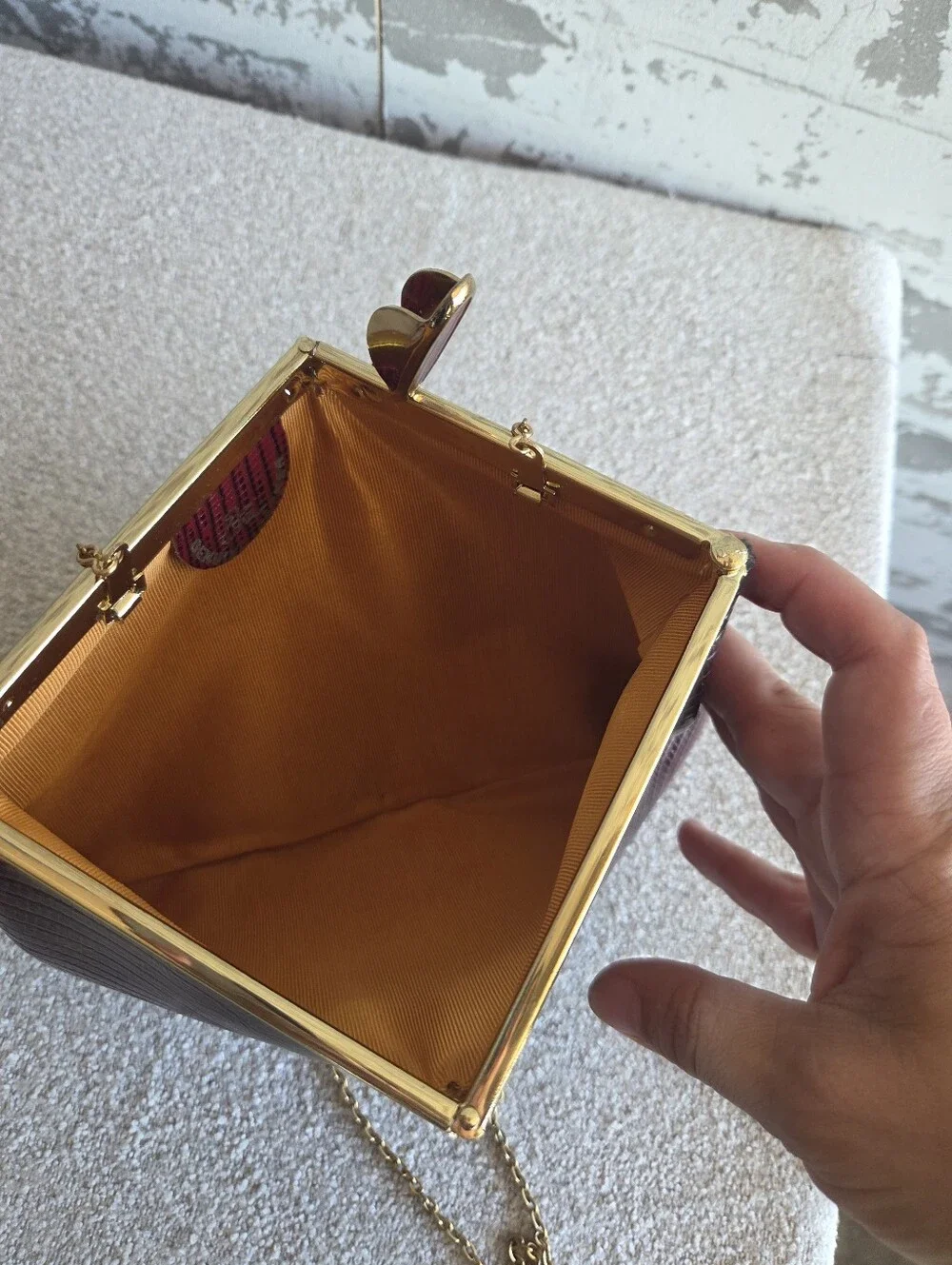 Vintage 1960s Burgundy Faux Lizard Clutch Gold Frame Chain Strap Evening Bag